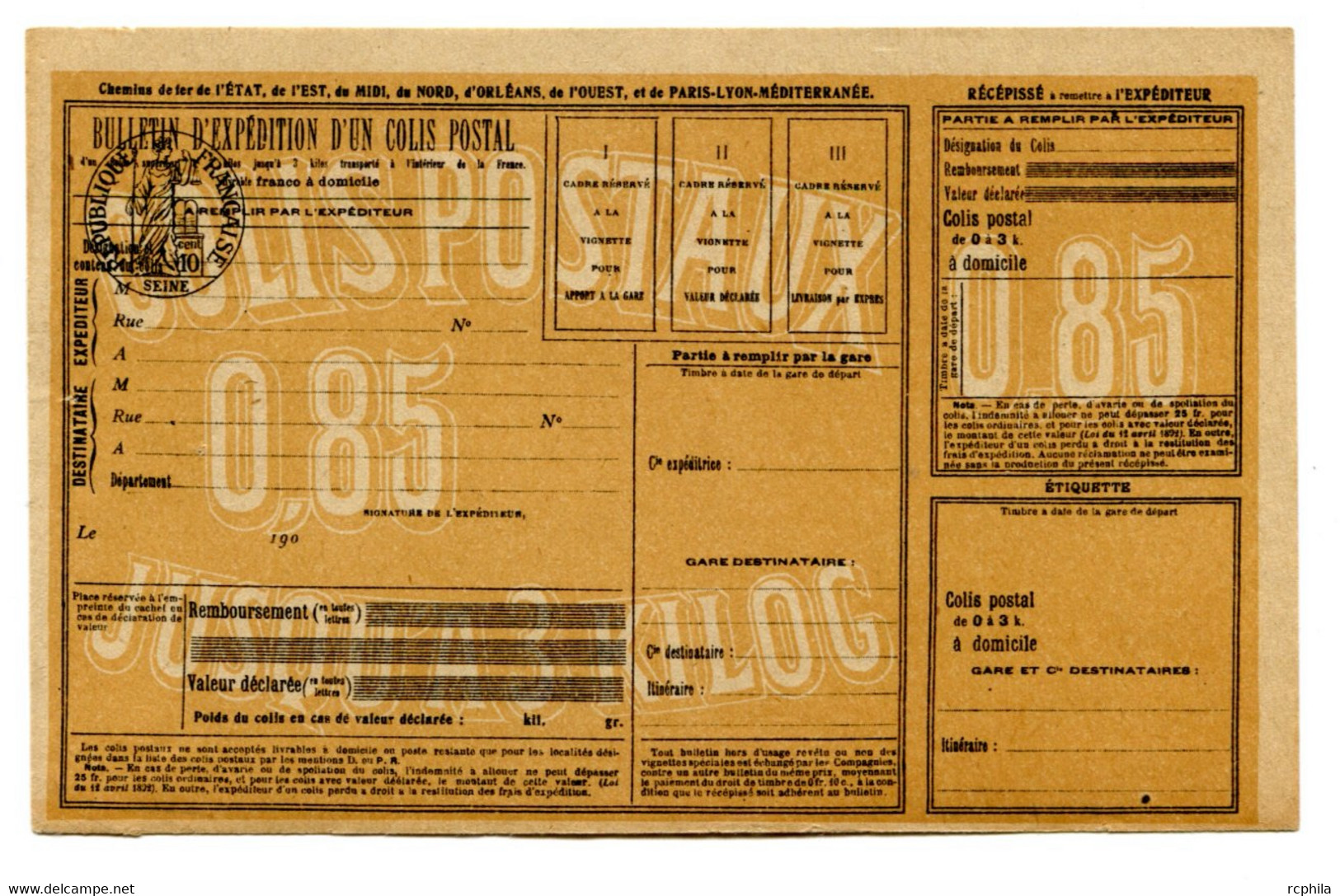 RC 14477 FRANCE POSTE ENFANTINE - BULLETIN BISTRE COLIS POSTAUX A 0,85 JUSQU'A 3 KILOG TB - Pseudo-interi Di Produzione Privata