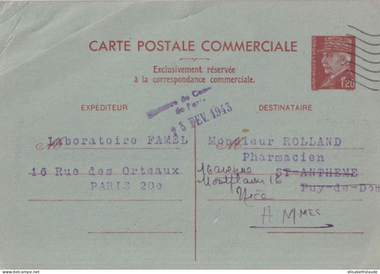 1943 - PETAIN - CP ENTIER COMMERCIALE Via CHAMBRE COMMERCE De PARIS REPIQUAGE "RECUPERATION VERRERIE" AU DOS ! => NICE - Overprinter Postcards (before 1995)