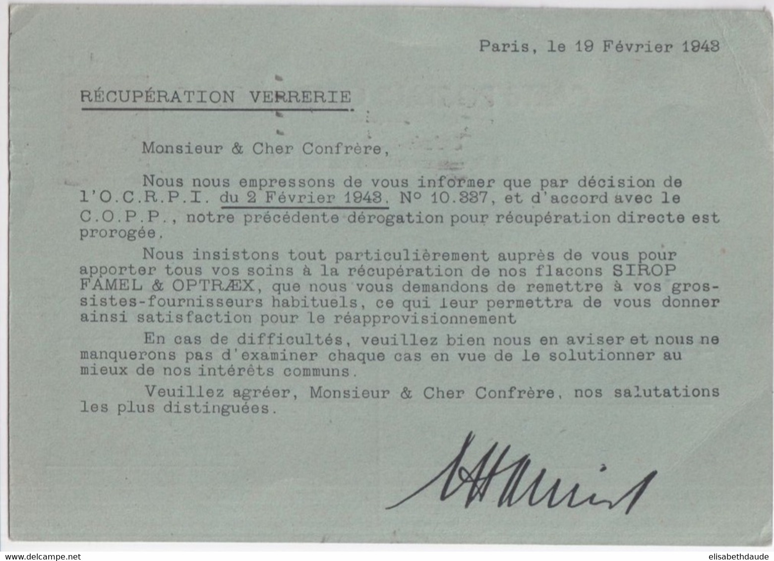 1943 - PETAIN - CP ENTIER COMMERCIALE Via CHAMBRE COMMERCE De PARIS REPIQUAGE "RECUPERATION VERRERIE" AU DOS ! => NICE - Bijgewerkte Postkaarten  (voor 1995)