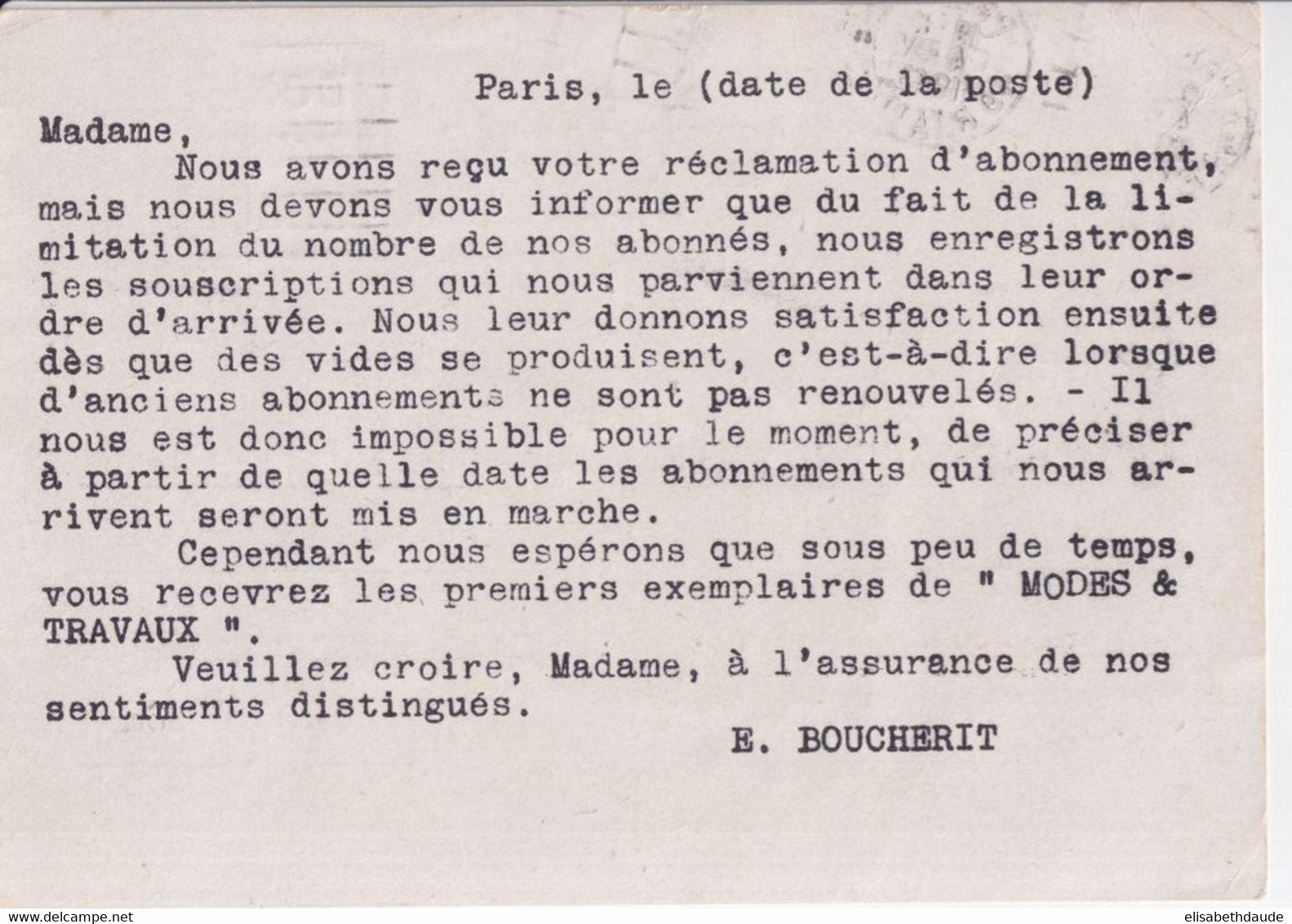 1943 - CARTE ENTIER PETAIN REPIQUEE De MODES ET TRAVAUX à PARIS - DOUBLE MECA "SECOURS NATIONAL" - Overprinter Postcards (before 1995)