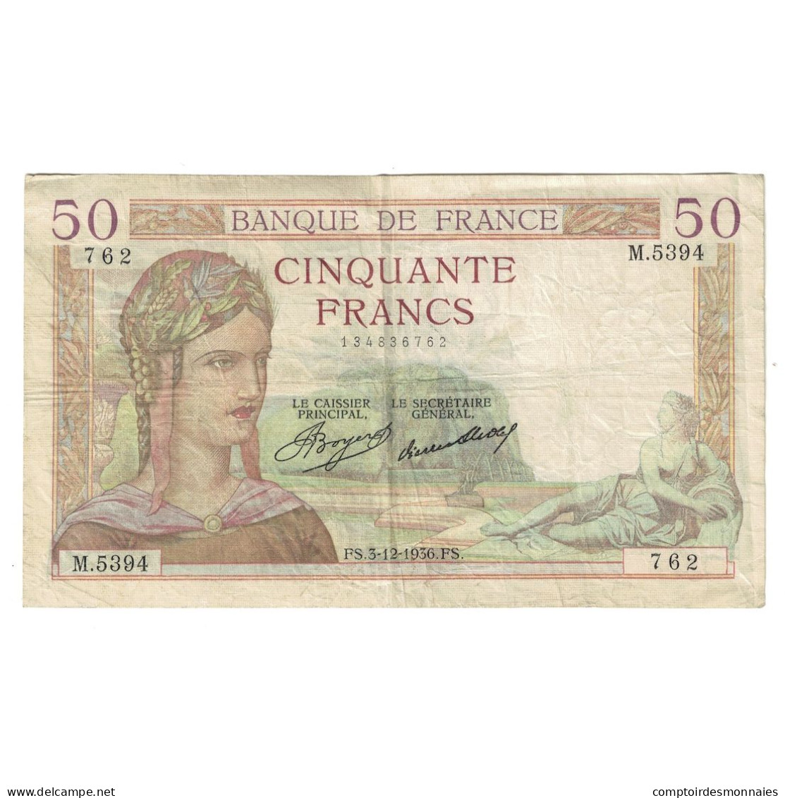 France, 50 Francs, Cérès, 1936, M.5394, TB+, Fayette:17.32, KM:81 - 50 F 1934-1940 ''Cérès''