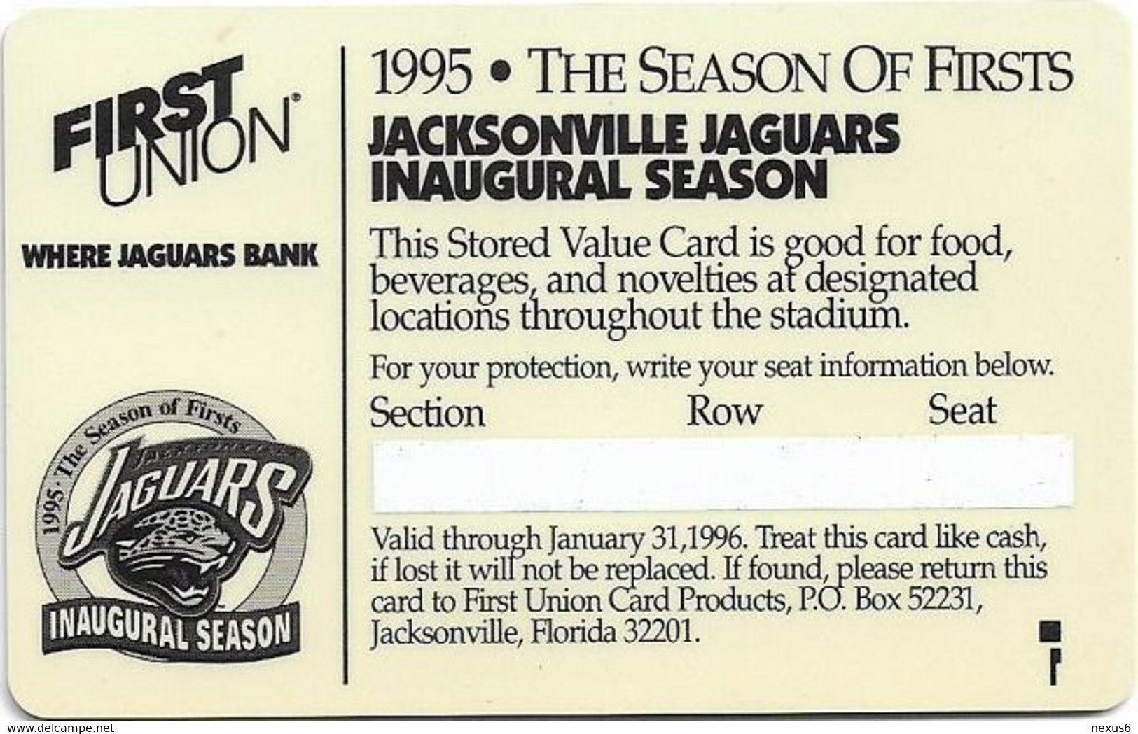 USA - Jacksonville Jaguars 1995, Micropayment Multifunctional Card, 20$, Used - Autres & Non Classés