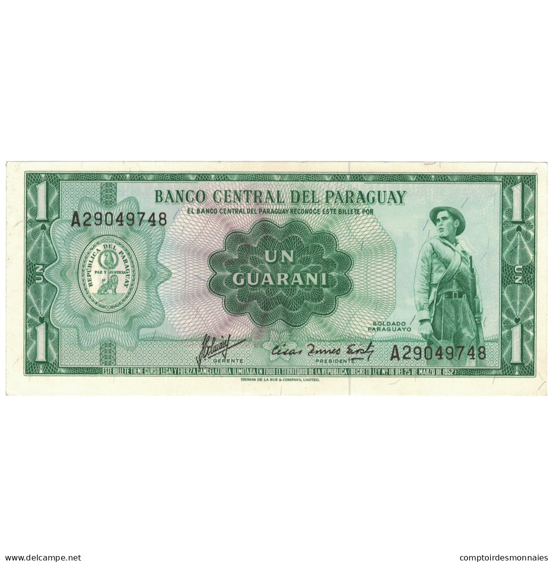 Billet, Paraguay, 1 Guarani, 1952, 1952, KM:193b, SPL+ - Paraguay