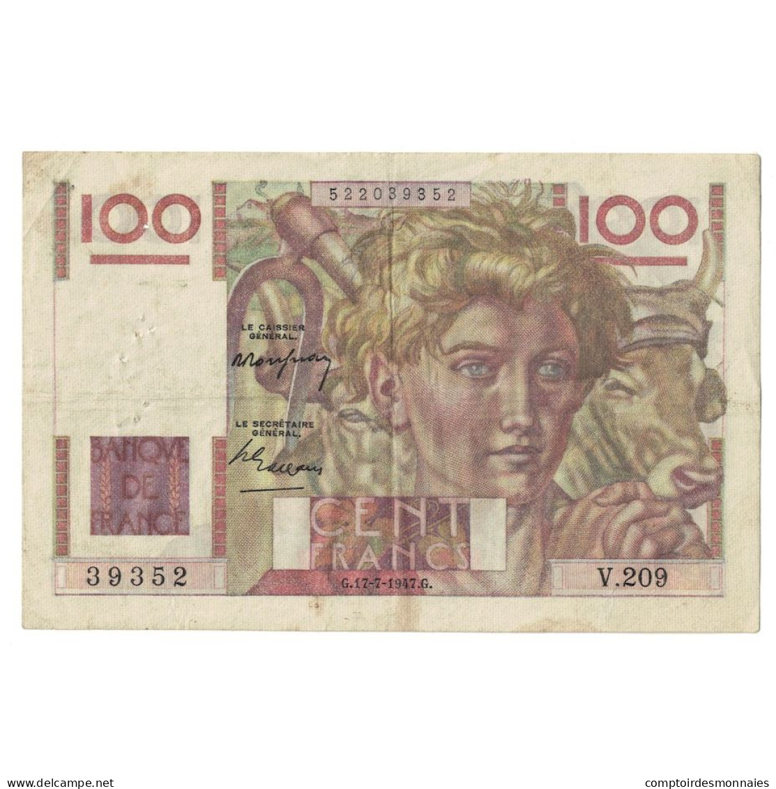 France, 100 Francs, Jeune Paysan, 1947, V.209, TB+, Fayette:28.15, KM:128b - 100 F 1945-1954 ''Jeune Paysan''