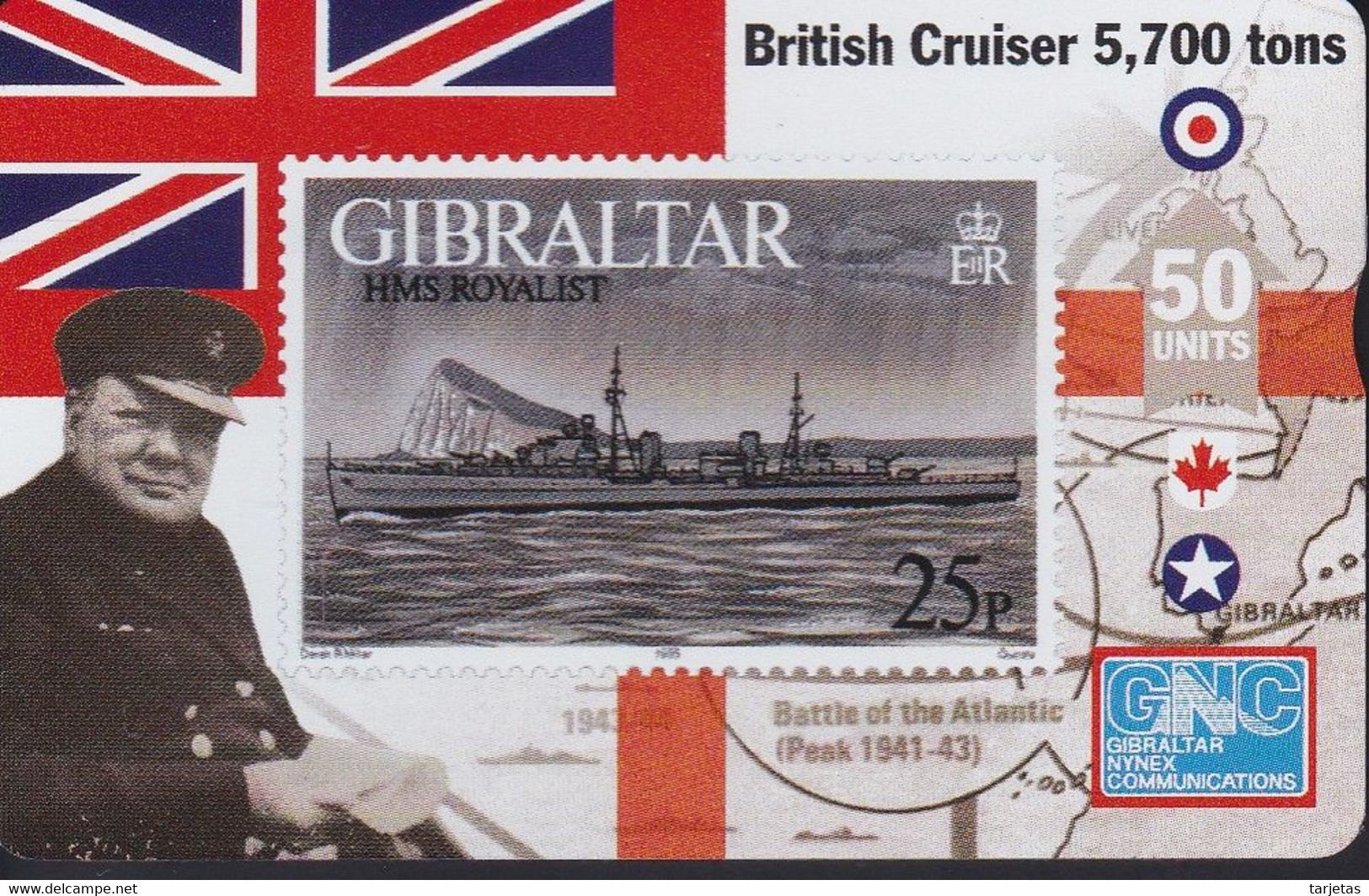 Nº 47 TARJETA DE GIBRALTAR DE UN SELLO CON UN BARCO (CHURCHILL) (SHIP-STAMP) NUEVO-MINT - Gibilterra