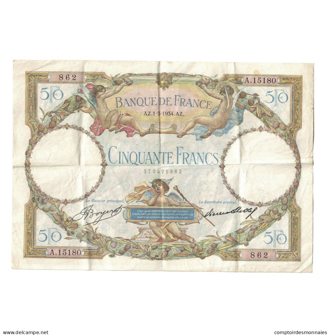 France, 50 Francs, Luc Olivier Merson, 1934, A.15180, TB+, Fayette:16.5, KM:80b - 50 F 1927-1934 ''Luc Olivier Merson''