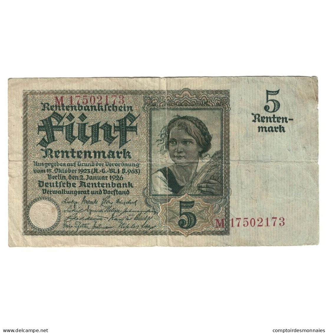 Billet, Allemagne, 5 Rentenmark, 1926, 1926-01-02, KM:169, TB - 5 Rentenmark