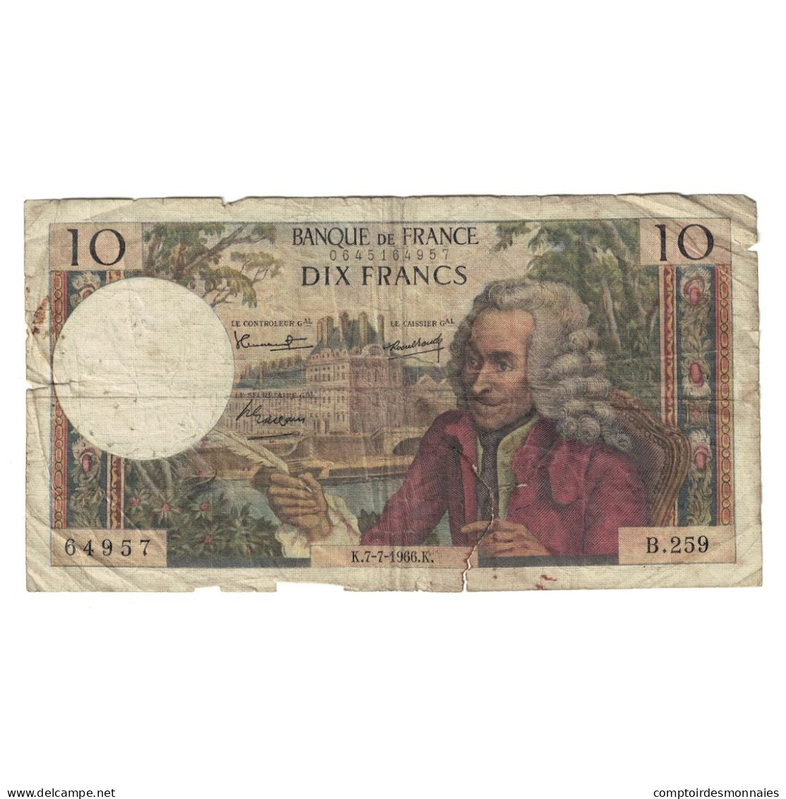 France, 10 Francs, Voltaire, 1966, B.259, B, Fayette:62.22, KM:147b - 10 F 1963-1973 ''Voltaire''