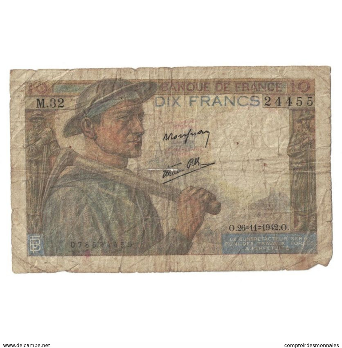 France, 10 Francs, Mineur, 1942, M.32, B+, Fayette:8.6, KM:99e - 10 F 1941-1949 ''Mineur''