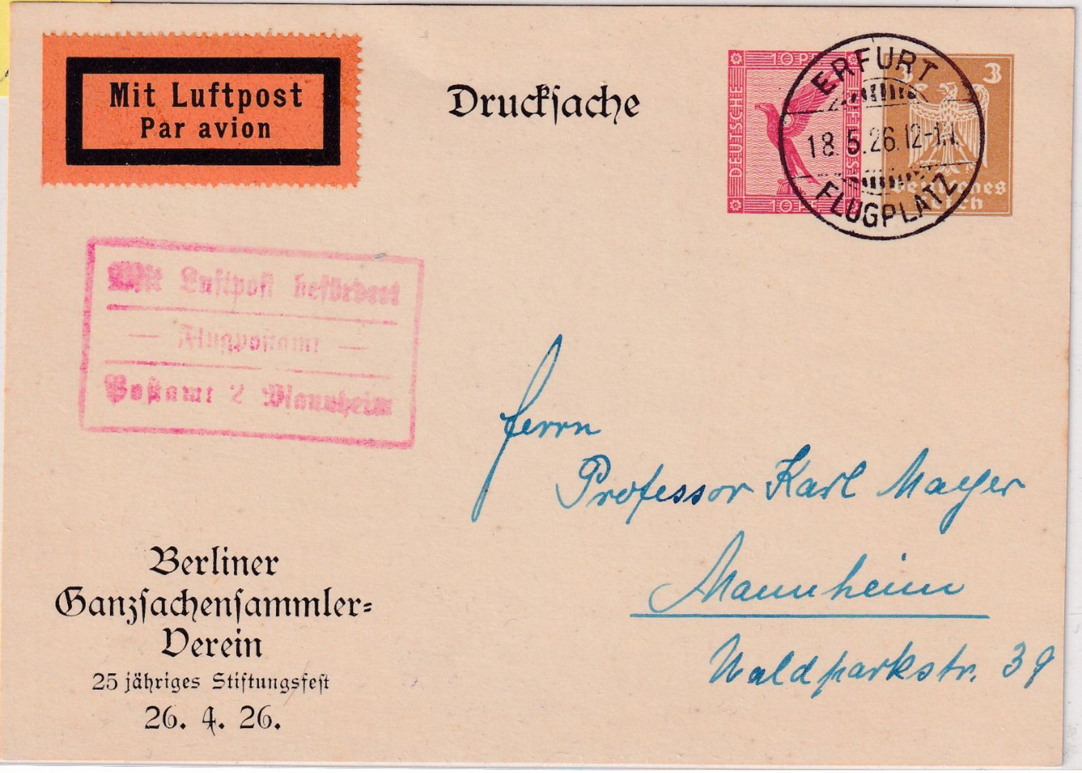 DR - 10+3 Pfg. Adler Privatganzsache/Luftpostkarte Erfurt - Mannheim 18.5.26 - Sonstige & Ohne Zuordnung