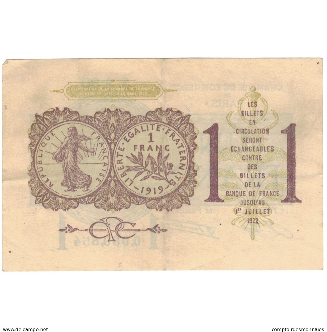 France, Paris, 1 Franc, 1922, SPL - Chambre De Commerce