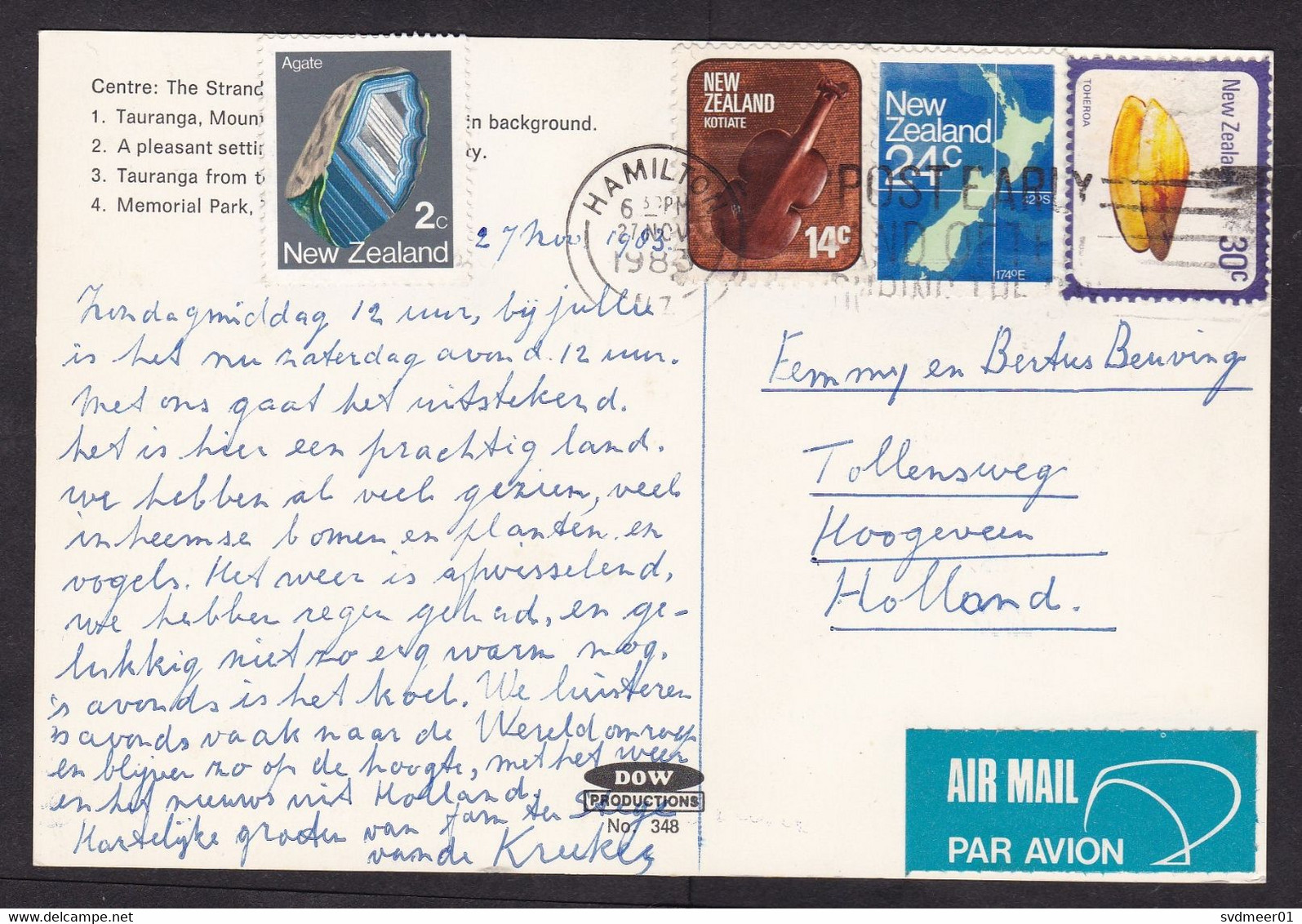 New Zealand: Airmail Picture Postcard To Netherlands, 1983, 4 Stamps, Agate, Card: Tauranga (2 Stamps Damaged) - Brieven En Documenten