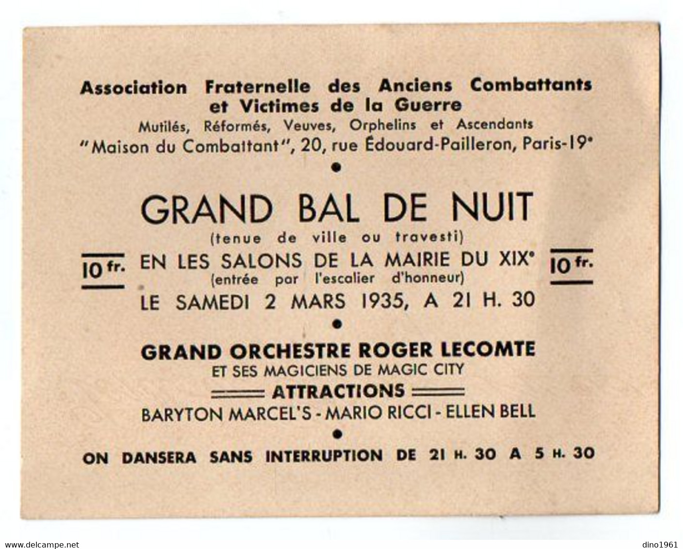 VP20.573 - MILITARIA - PARIS 1935 - Association Des Anciens Combattans Et Victimes De La Guerre / Grand Bal De Nuit - Documenti