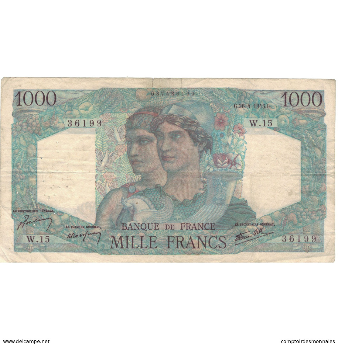 France, 1000 Francs, Minerve Et Hercule, 1945, W.15 36199, TB, Fayette:41.2 - 1 000 F 1945-1950 ''Minerve Et Hercule''