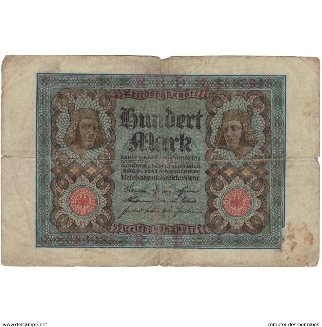 Billet, Allemagne, 100 Mark, 1920, 1920-11-01, KM:69b, B - Administration De La Dette