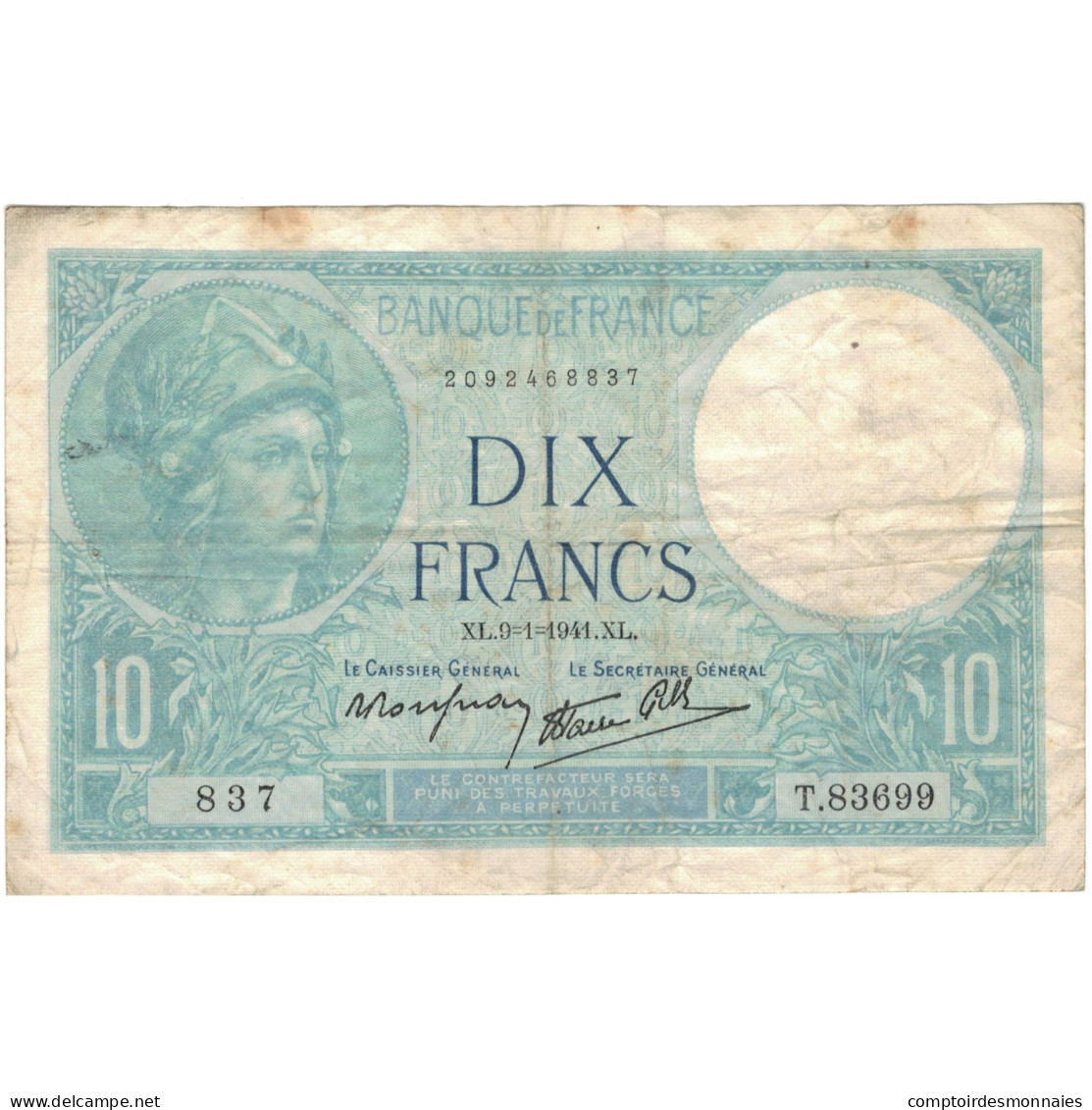 France, 10 Francs, Minerve, 1941, 837 T.83699, TB+, Fayette:7.27, KM:84 - 10 F 1916-1942 ''Minerve''