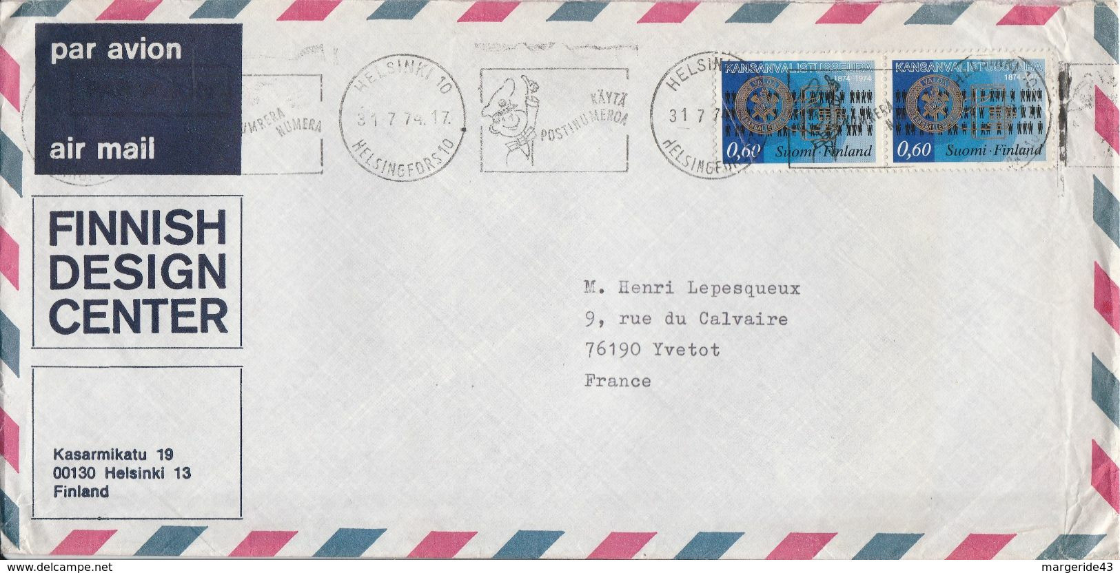 FINLANDE AFFRANCHISSEMENT COMPOSE SUR LETTRE AVION POUR LA FRANCE 1974 - Storia Postale