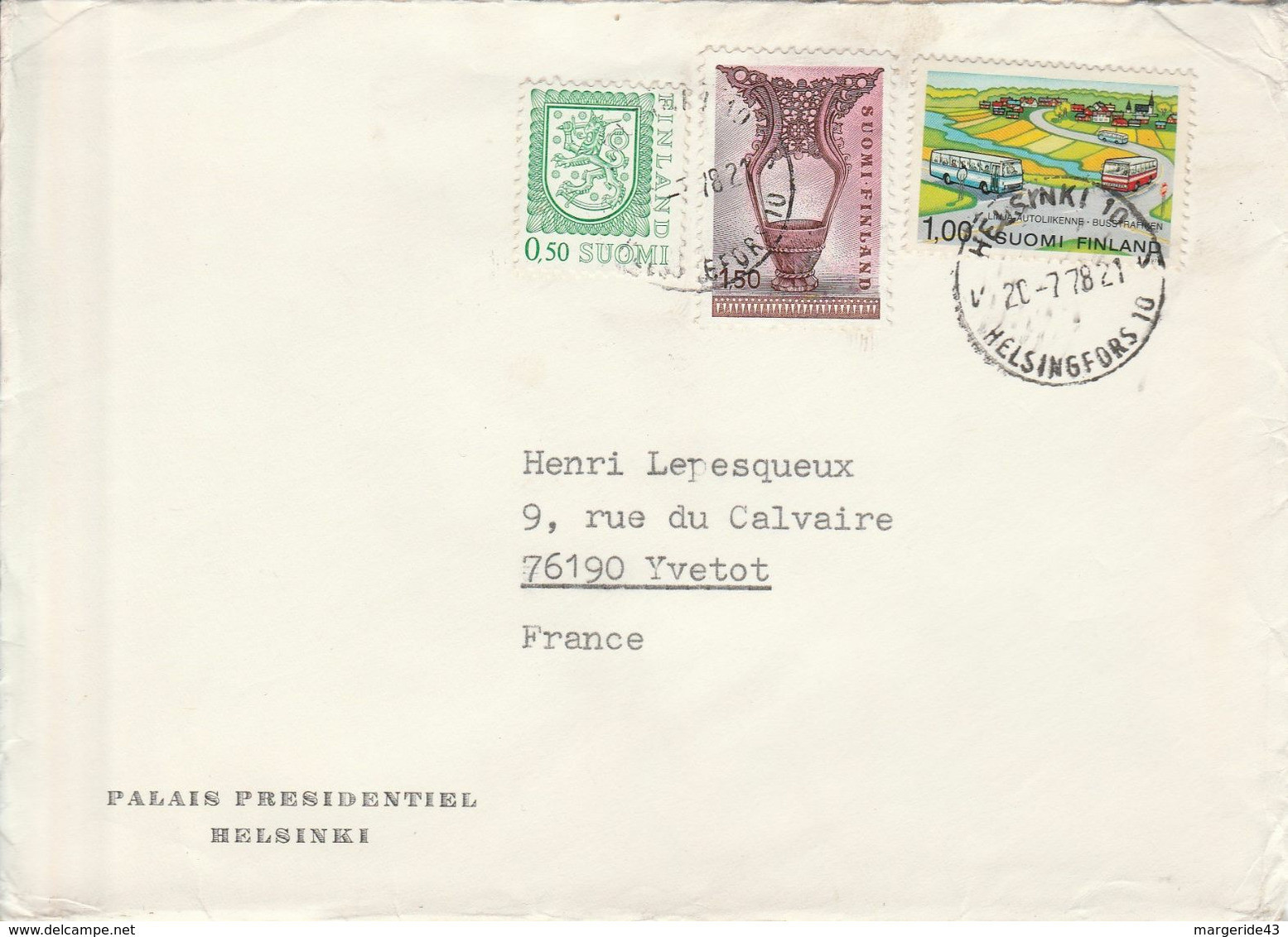 FINLANDE AFFRANCHISSEMENT COMPOSE SUR LETTRE A EN TETE DU PALAIS PRESIDENTIEL POUR LA FRANCE 1978 - Storia Postale