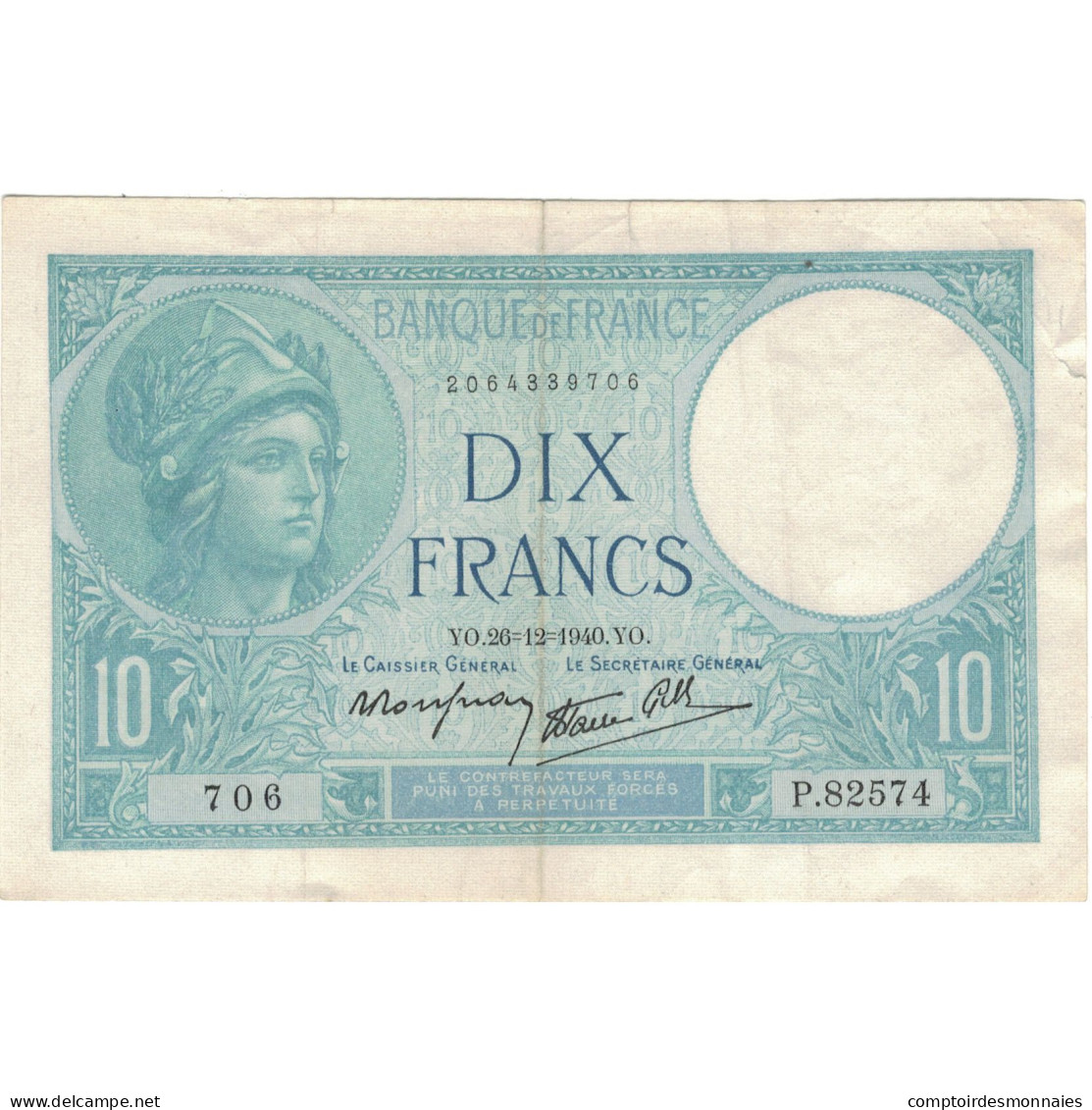 France, 10 Francs, Minerve, 1940, 706 P.82574, TTB+, Fayette:7.25, KM:84 - 10 F 1916-1942 ''Minerve''