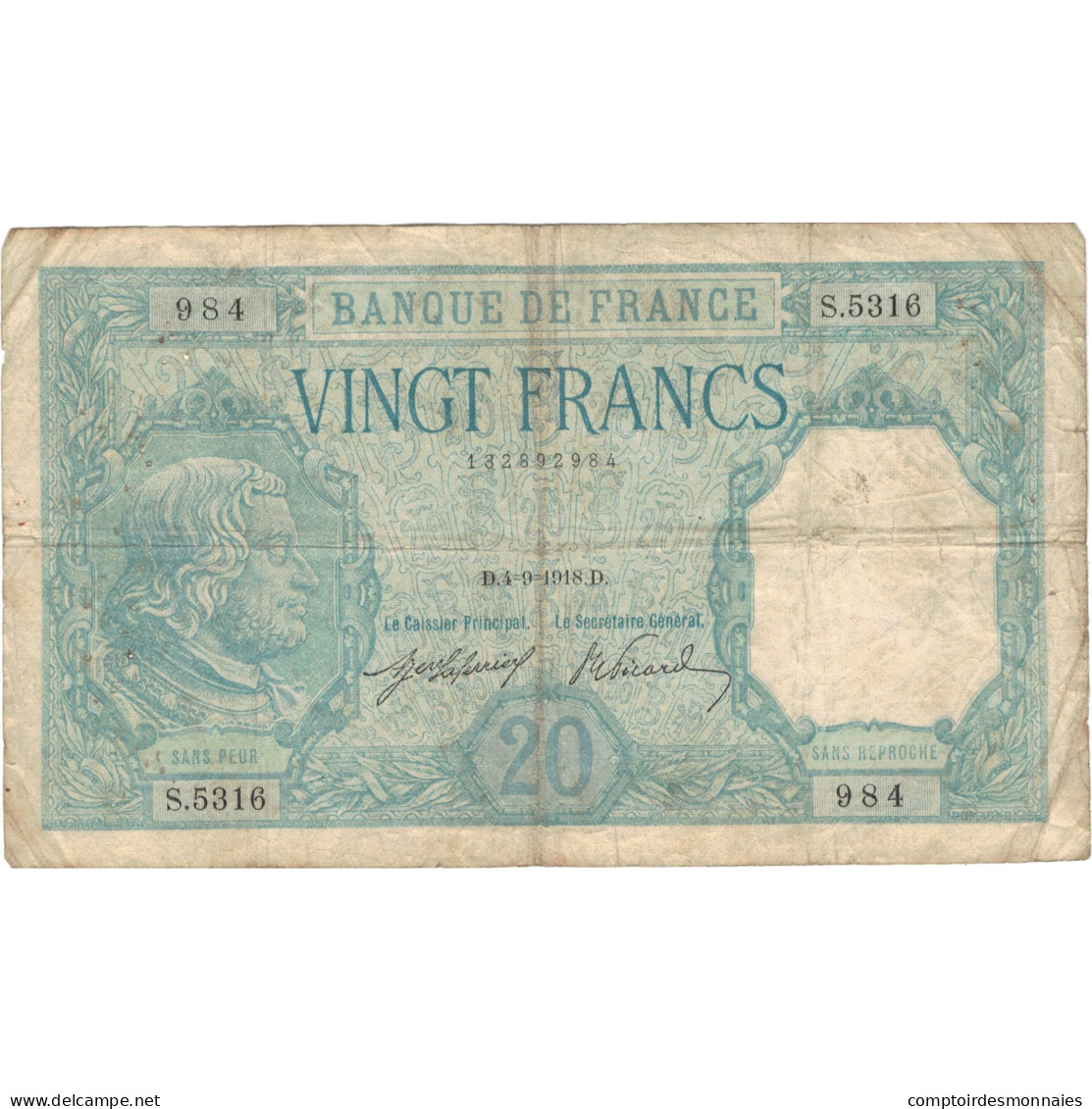 France, 20 Francs, Bayard, 1918, S.5316 984, TB, Fayette:11.3, KM:74 - 20 F 1916-1919 ''Bayard''