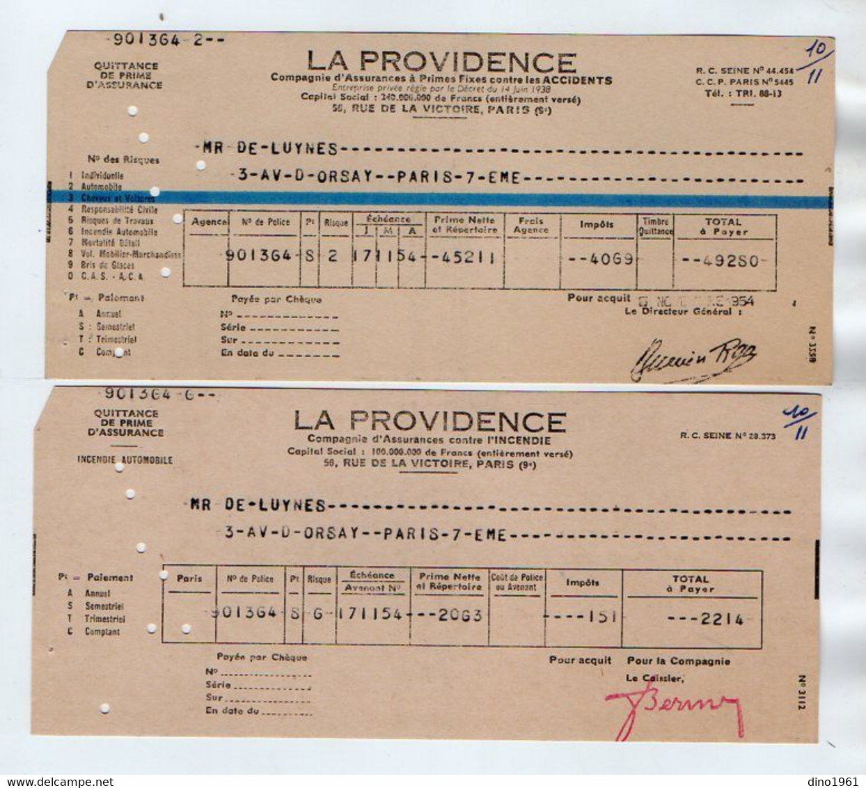 VP20.577 - 1954 - Document Commercial X 2 - Cie D'Assurance ¨ LA PROVIDENCE ¨ à PARIS Pour Mr Le Duc De CHAULNES - Bank En Verzekering