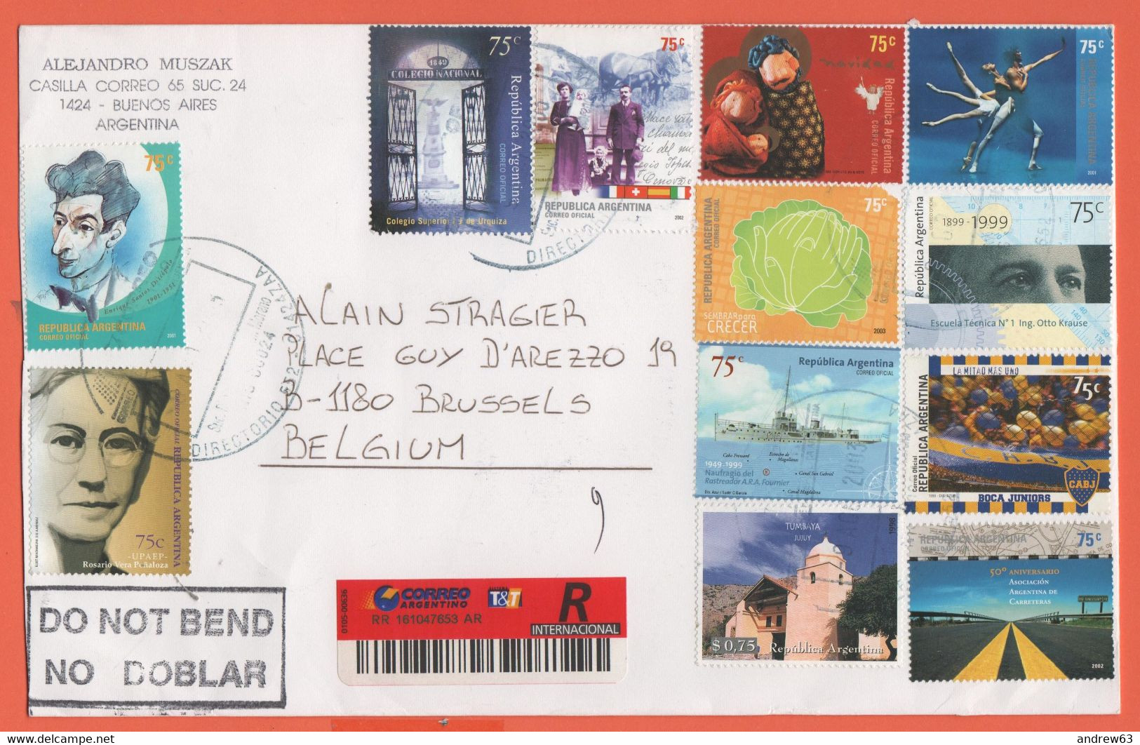 ARGENTINA - 2003 - 27 Stamps (15 On The Rear) - Registered - Medium Envelope - Viaggiata Da Buenos Aires Per Brussels, B - Lettres & Documents