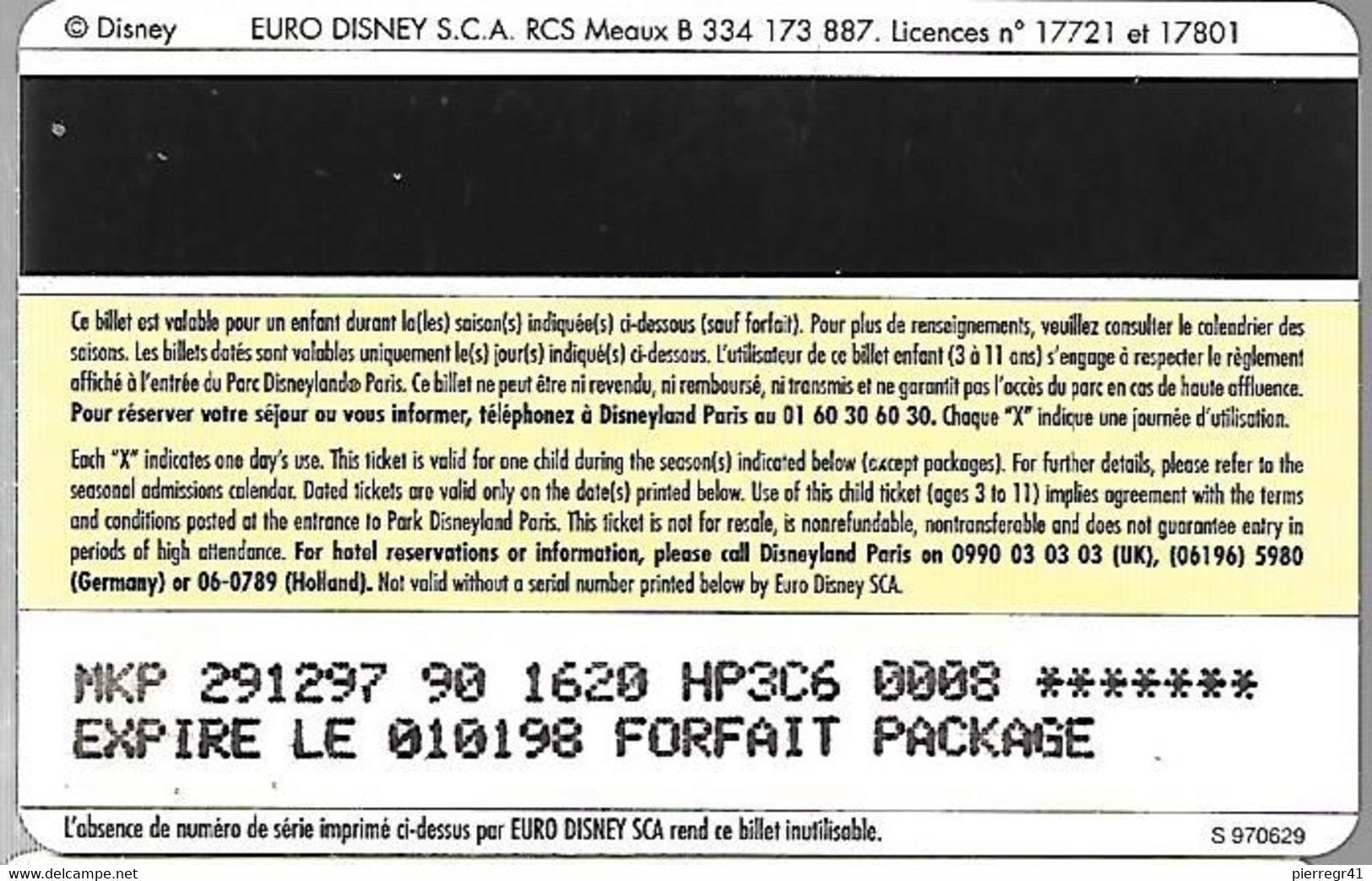 PASS-DISNEYLANDPARIS -1997-LE BOSSU ENFANT--V° N°S 970629-TBE- - Passeports Disney