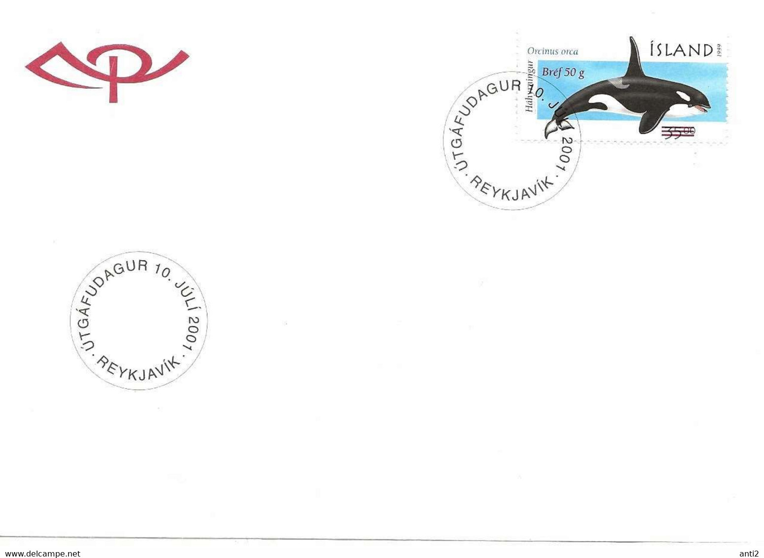 Island Iceland  2001  Orca (Orcinus Orca), Mi.No. 905 With Red Offset Overprint "Bref 50 G". Mi  988 FDC - Covers & Documents