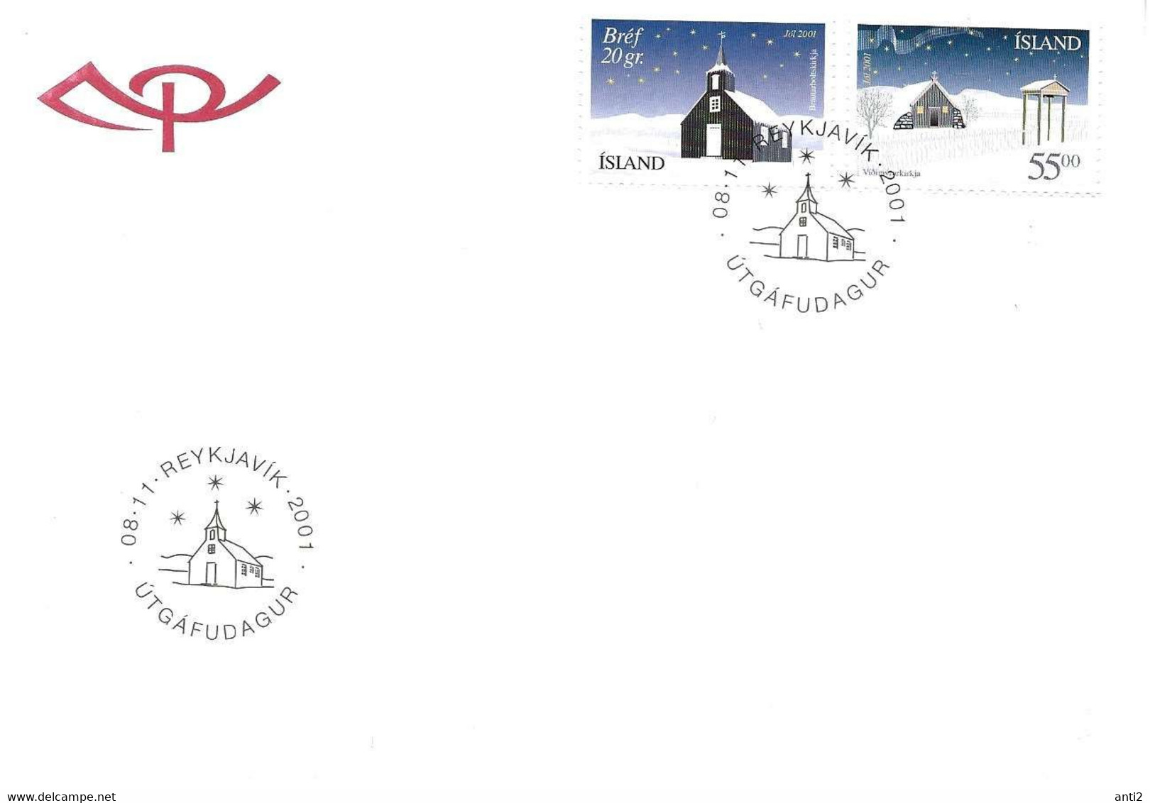 Island Iceland  2001 Christmas: Churches Of The Countrysiden. Brautarholt On Kjalarnes  And   Viðimýri Church FDC - Briefe U. Dokumente
