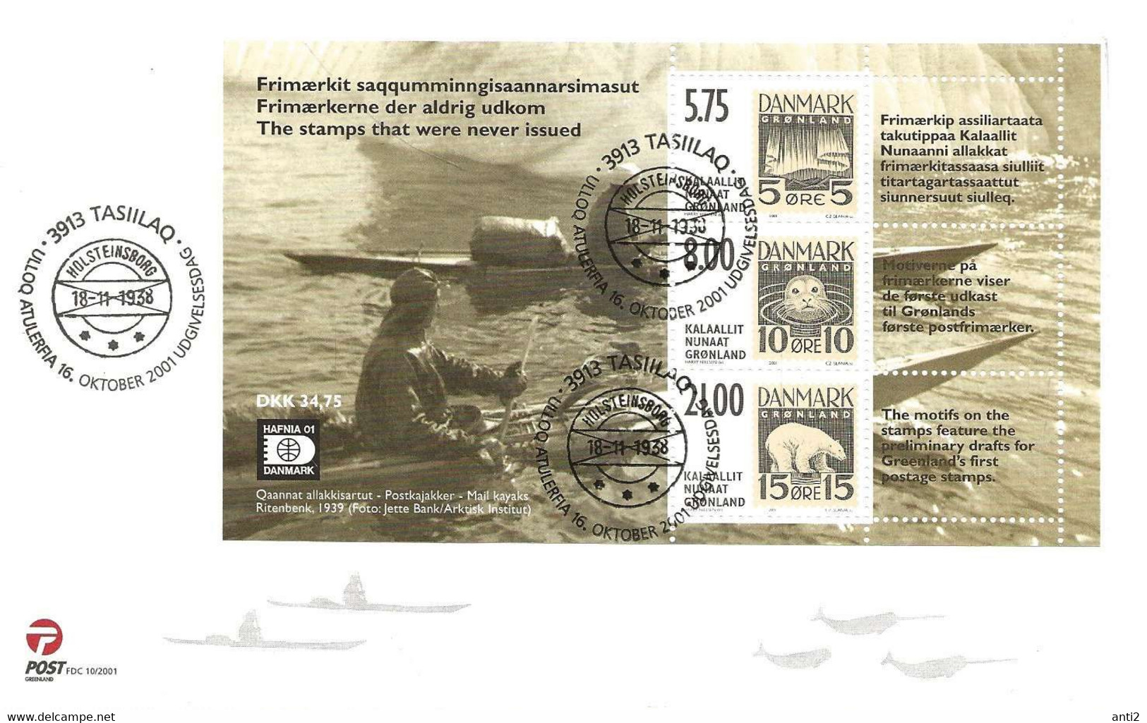 Greenland 2001 International Stamp Exhibition HAFNIA '01, Copenhagen (II)  Mi Bloc 22, FDC - Lettres & Documents