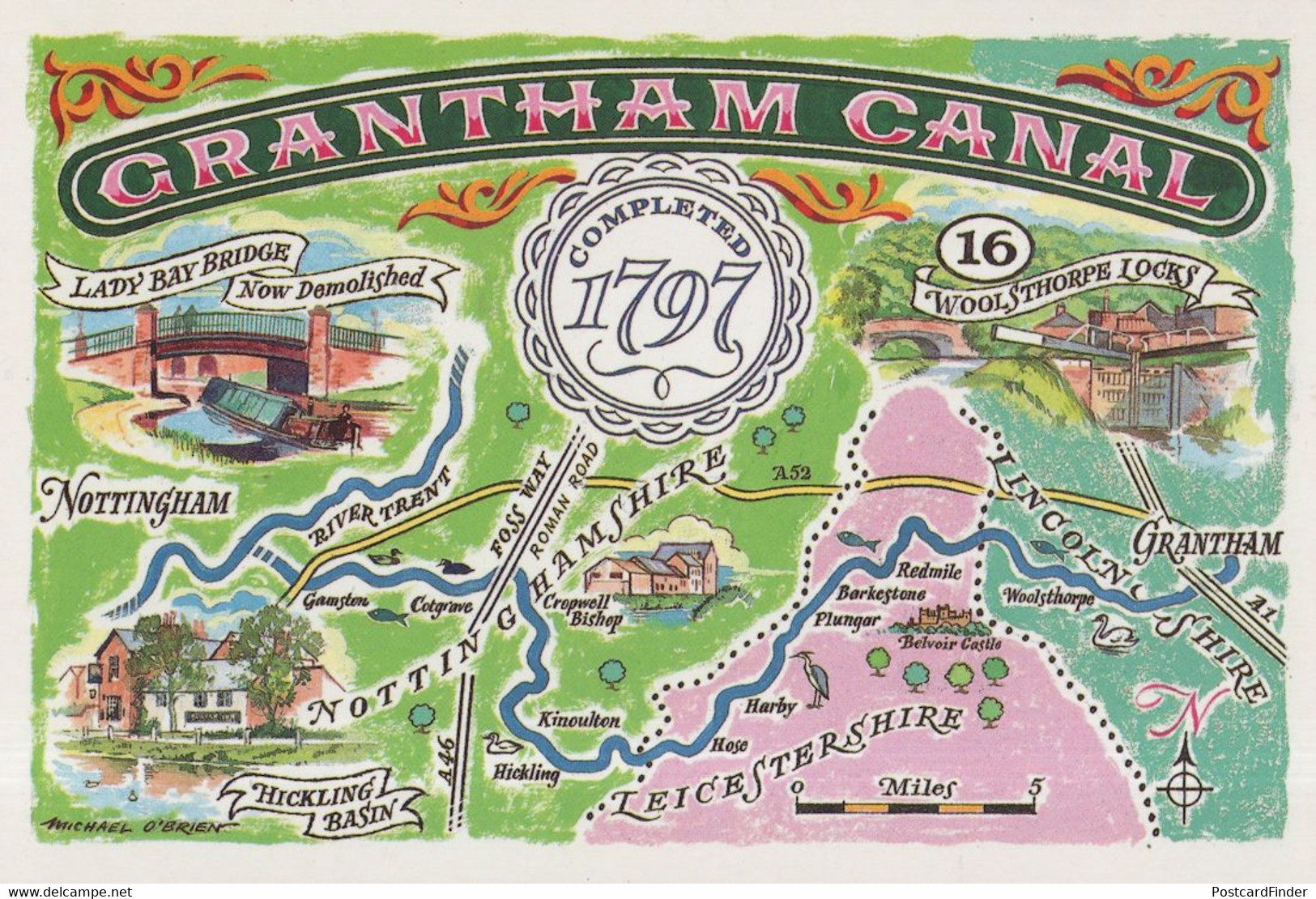 Grantham Canal Bridge Howling Basin River Nottingham Map Postcard - Sonstige & Ohne Zuordnung