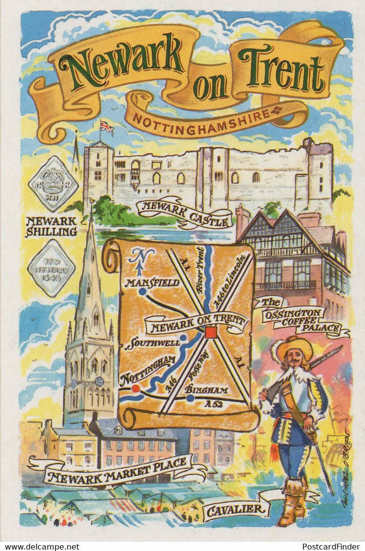 Newark On Trent Nottinghamshire Cavalier Shilling Coin Map Postcard - Autres & Non Classés