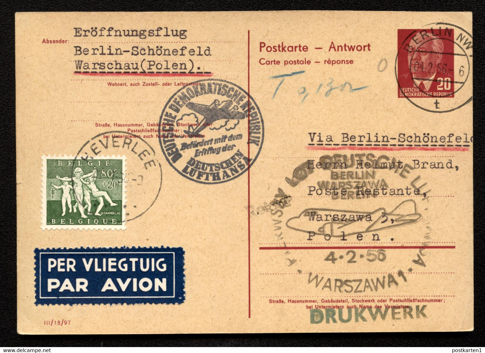 Antowrt-Postkarte P61IIA ERSTFLUG BERLIN-WARSCHAU 1956 Kat. 2200 € - Postcards - Mint