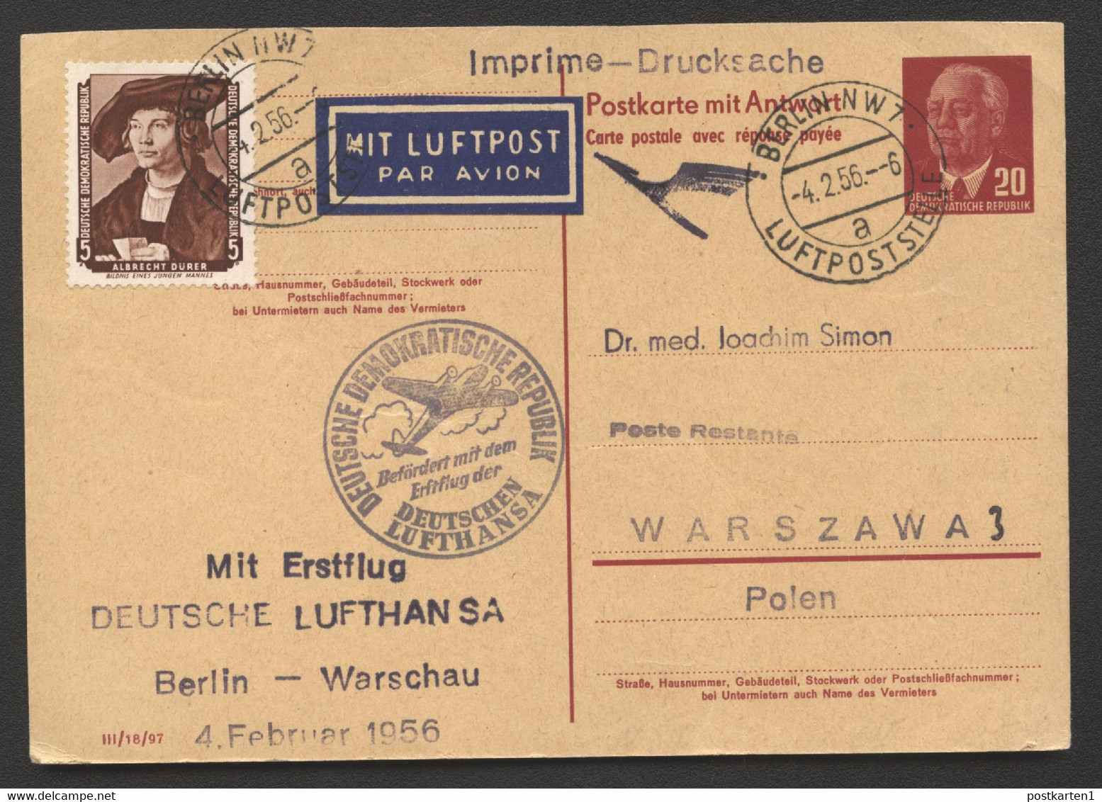 Frage-Postkarte P61IIF ERSTFLUG BERLIN-WARSCHAU 1956 Kat. 2500 € - Postcards - Mint
