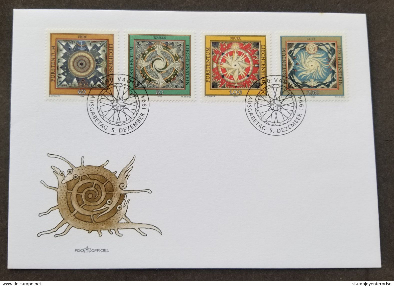 Liechtenstein The Four Elements 1994 Earth Water Fire Air (FDC) *see Scan - Covers & Documents