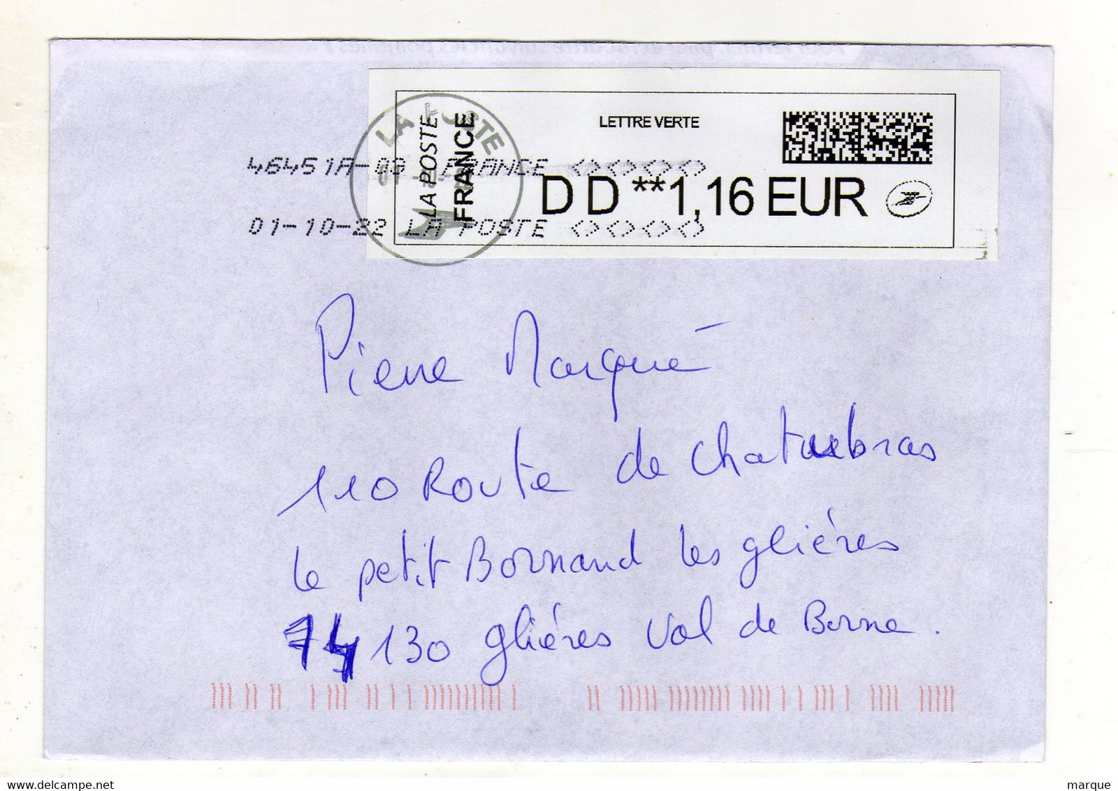 Enveloppe FRANCE Avec Vignette Affranchissement Lettre Verte Oblitération LA POSTE 46451A-03 01/10/2022 - 2010-... Illustrated Franking Labels