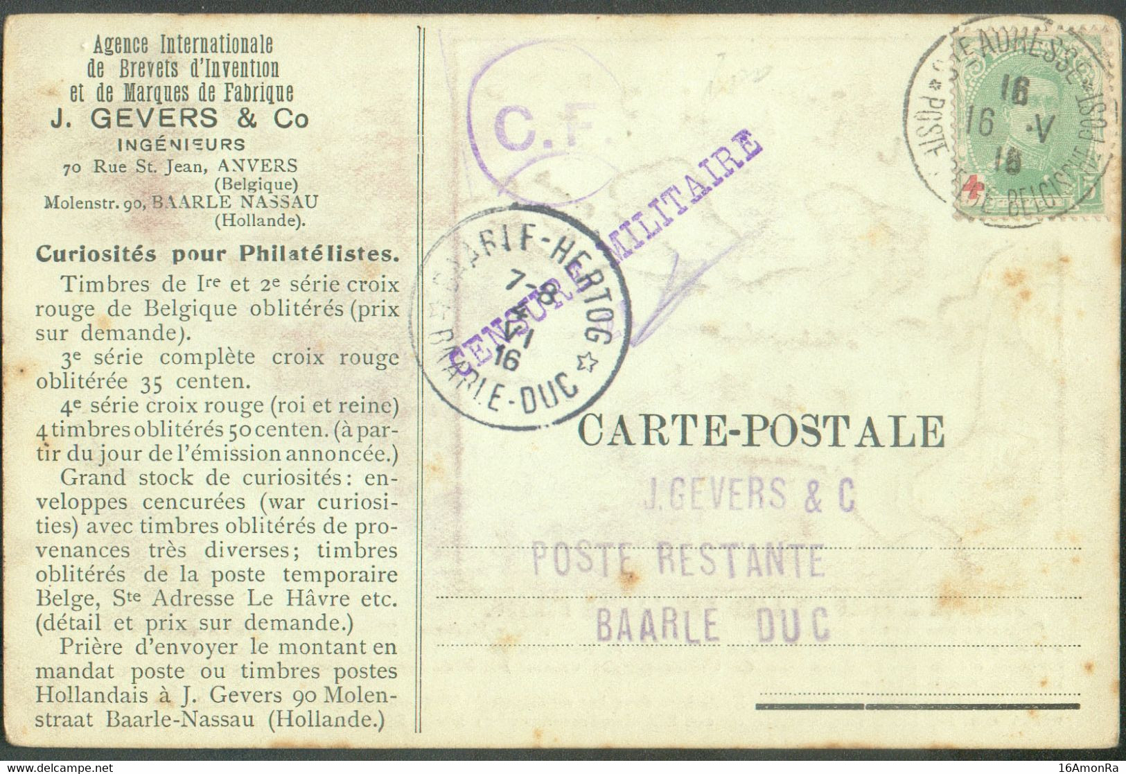 5 Centimes De L'Emission Albert CROIX-ROUGE Obl. Sc Ste-ADRESSE (POSTE BELGE) sur Carte P. Du 16-V-1918)  Vers Baarle-Du - Otros & Sin Clasificación