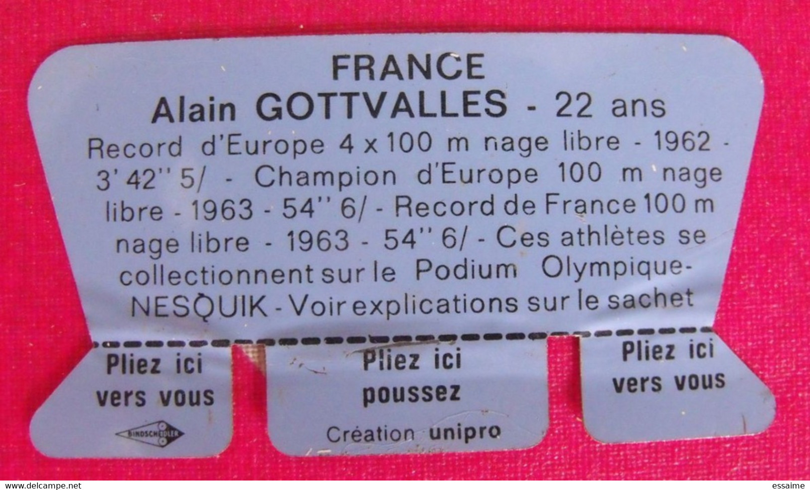 Plaquette Nesquik Jeux Olympiques. Plaque Podium Olympique. Alain Gottvallès, Natation. Tokyo 1964 - Targhe In Lamiera (a Partire Dal 1961)