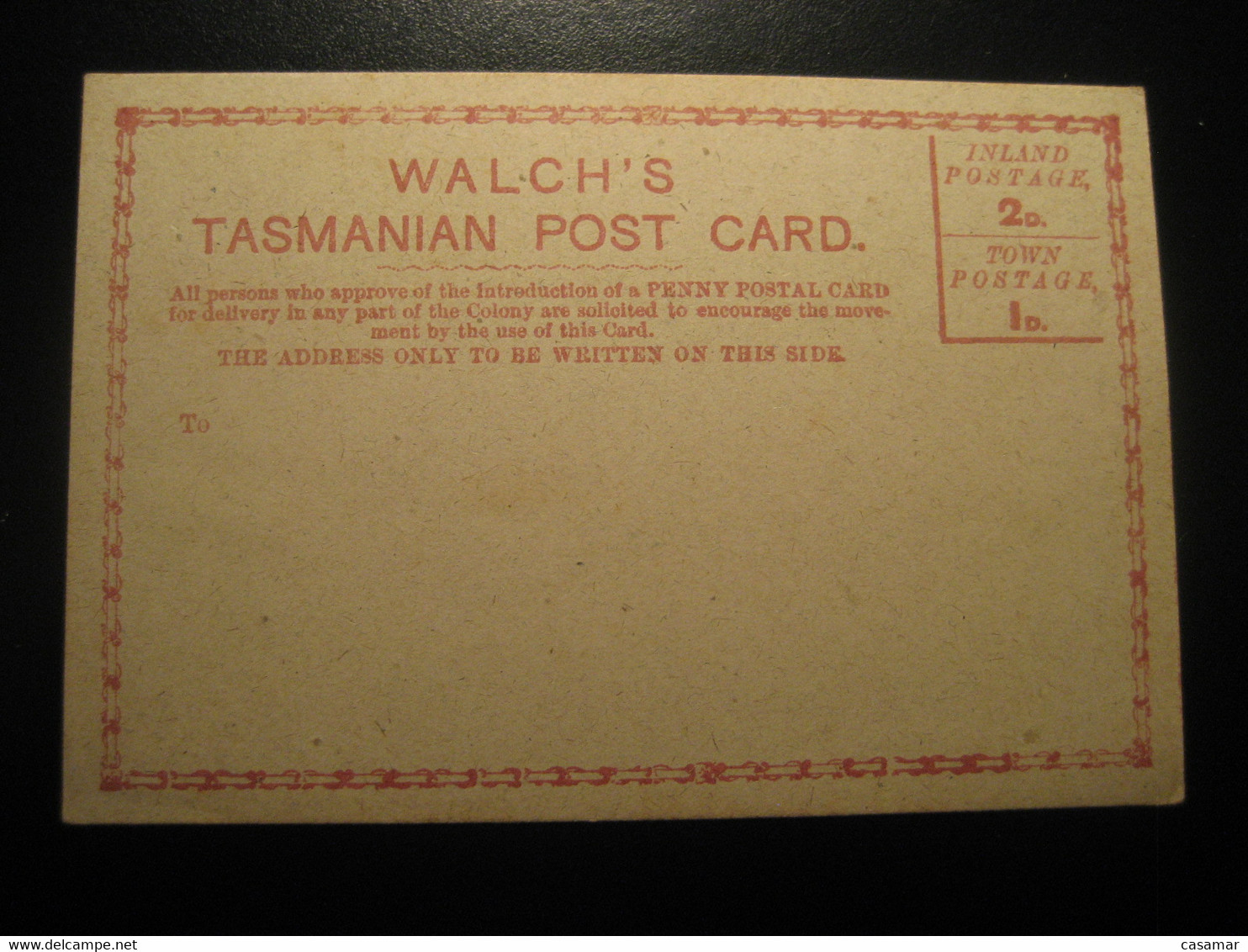 Inland Postage 2p. Town Postage 1p. TASMANIA Post Card AUSTRALIA Walch's Walch Postal Stationery Card - Brieven En Documenten