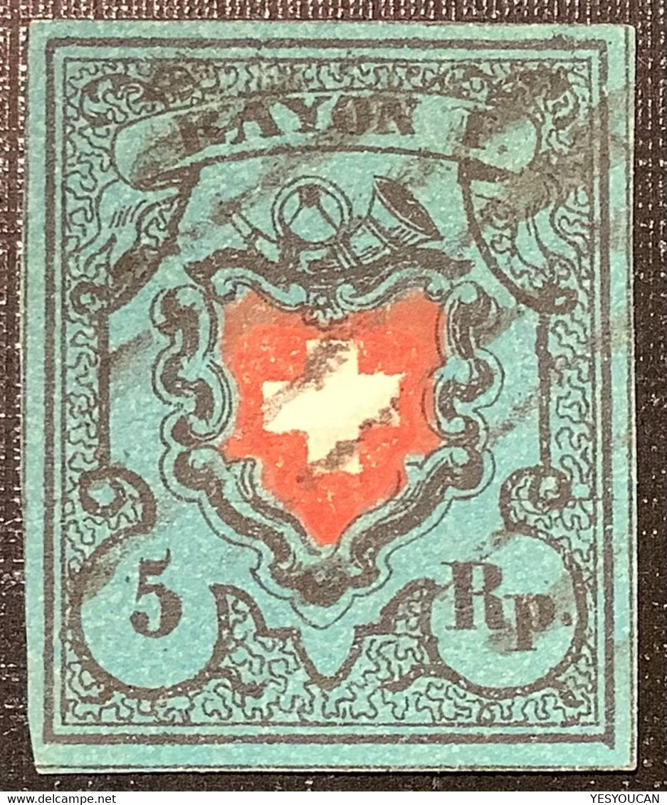 1850 ZNr 15 IIf GRÜNLICHBLAUE 5 Rp Rayon I Ohne Kreuzeinfassung T.27 A3 Aargau Attest Urs Hermann (Schweiz PlattenfehIer - 1843-1852 Federal & Cantonal Stamps