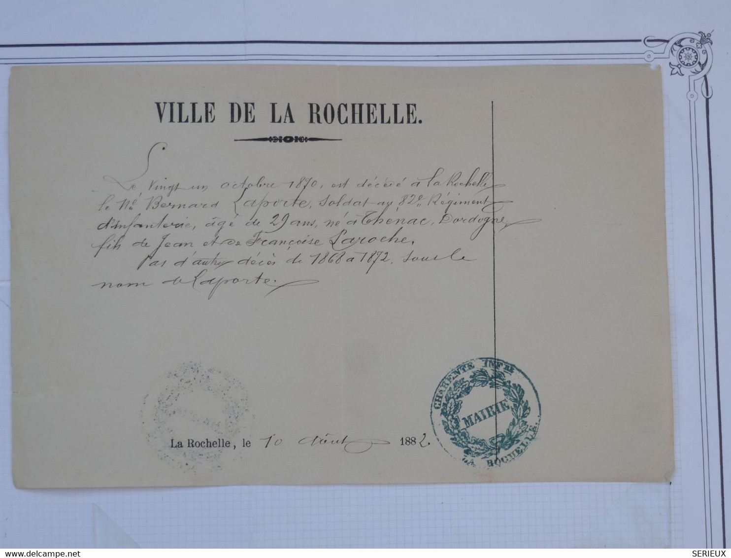 BF11 FRANCE  BELLE LETTRE AVIS 1882 LA VILLE DE LA ROCHELLE MAIRIE  ++TAMPON  INTERESSANT +++ - Ohne Zuordnung