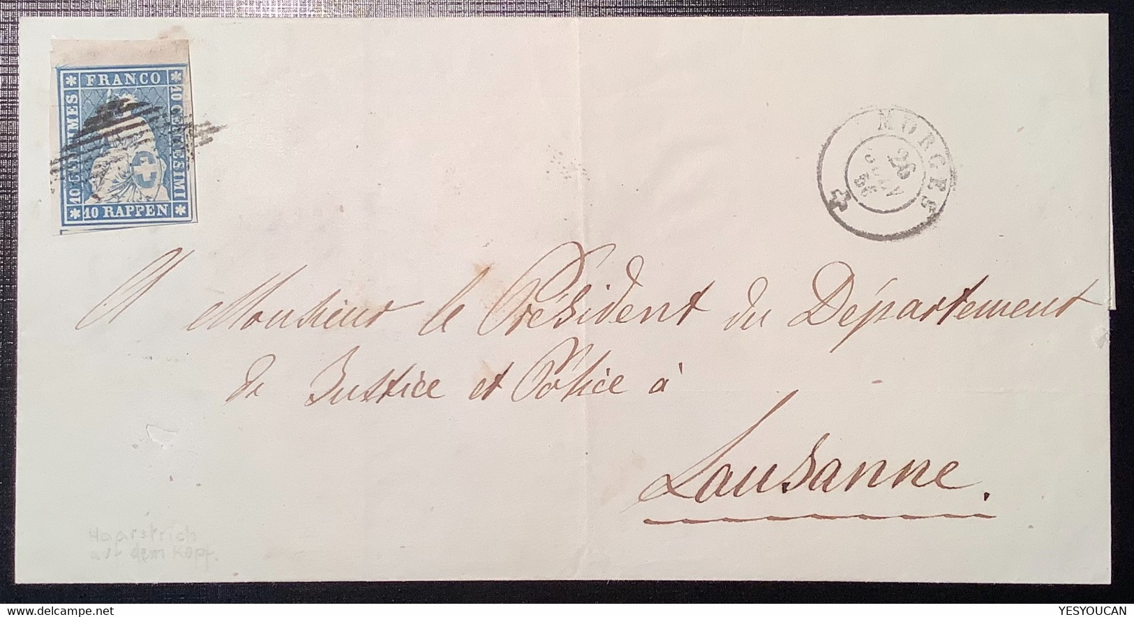 MORGES 1856 SELTENE ZNr 23F LUXUS MIT ABART Strubel Brief>Lausanne Attest Hermann (Schweiz 1854 Lettre Suisse VD Cert - Storia Postale