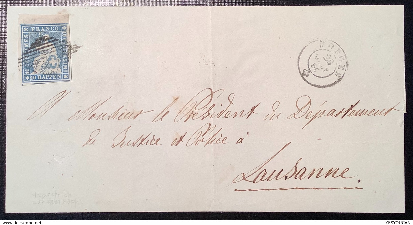 MORGES 1856 SELTENE ZNr 23F LUXUS MIT ABART Strubel Brief>Lausanne Attest Hermann (Schweiz 1854 Lettre Suisse VD Cert - Briefe U. Dokumente