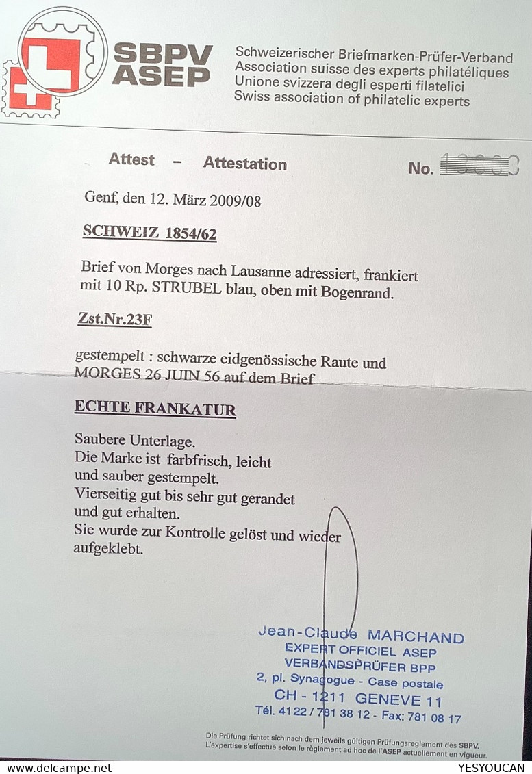 MORGES 1856 SELTENE ZNr 23F LUXUS MIT ABART Strubel Brief>Lausanne Attest Hermann (Schweiz 1854 Lettre Suisse VD Cert - Covers & Documents