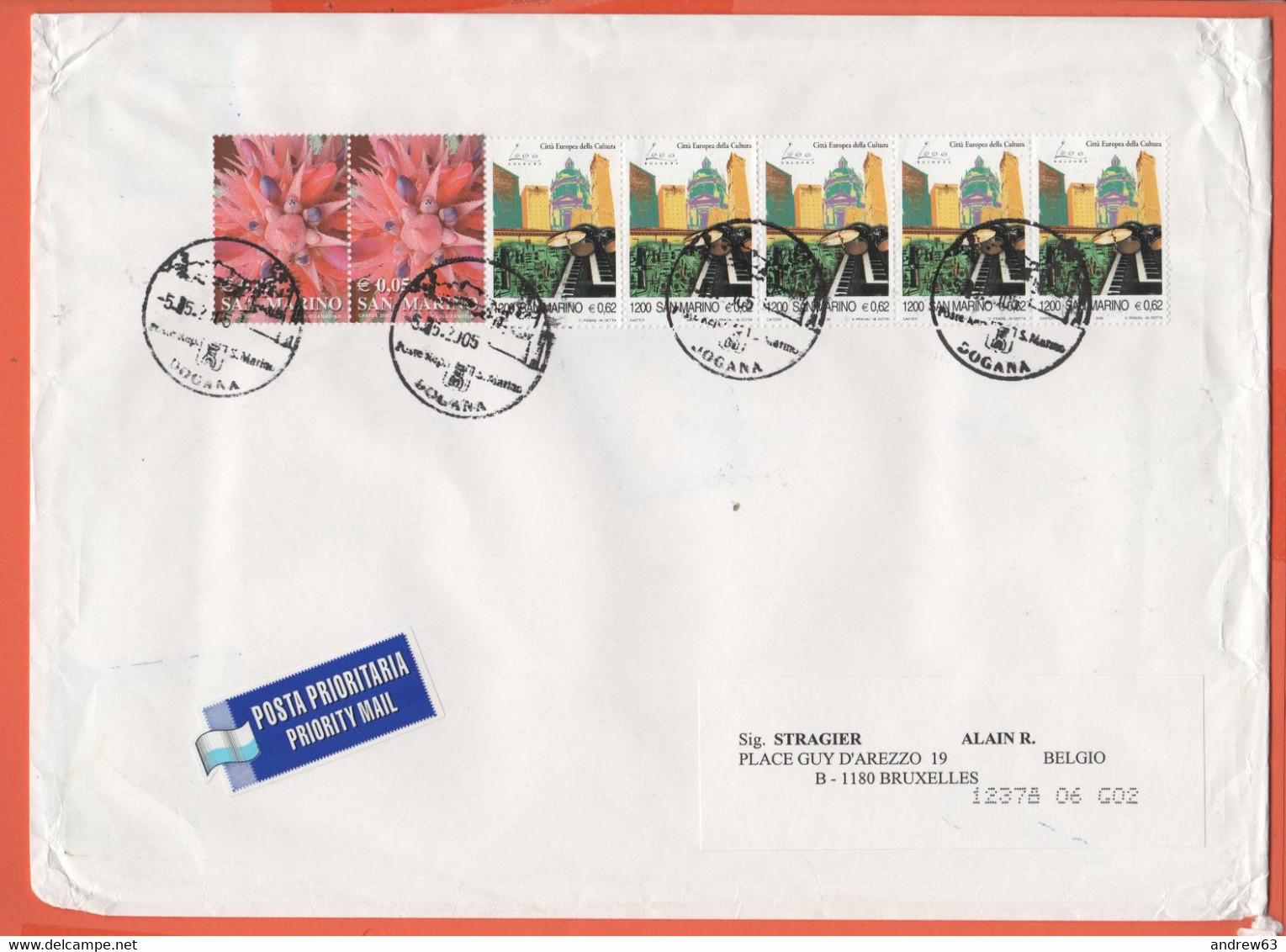 Repubblica Di San Marino - 2005 - 2 X 0,05 Pianta Grassa + 5 X 1200 Bologna Città Europea Della Cultura - Medium Envelop - Brieven En Documenten