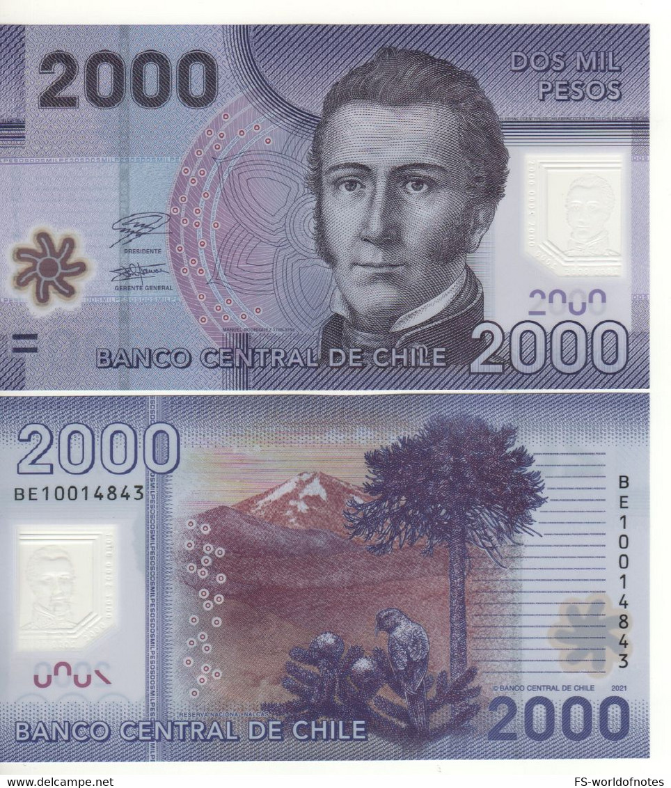 CHILE  New Date 2'000  Pesos  "dated 2021 Polimer " P162g ( Manuel Rodrigues Erdoyza+Nalcas National Park At Back) - Chile