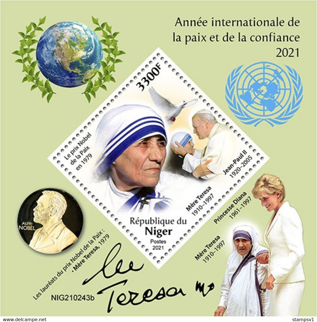 Niger 2021 International Year Of Peaceand Trust. Mother Teresa. (243b) OFFICIAL ISSUE - Madre Teresa