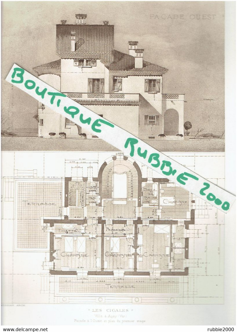 2 PLANS DESSINS 1913 AGAY VAR VILLA LES CIGALES ARCHITECTE MESSIAH - Côte D'Azur