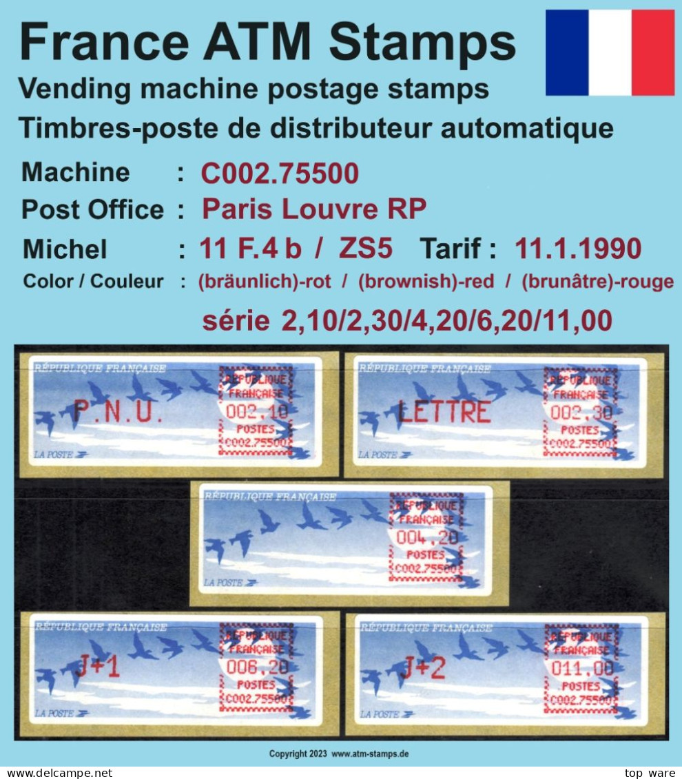 Frankreich France ATM Stamps LSA C002.75500 Paris RP / Michel 11 F.4 B / Serie ZS5 ** / Distributeurs Automatenmarken - 1990 Type « Oiseaux De Jubert »