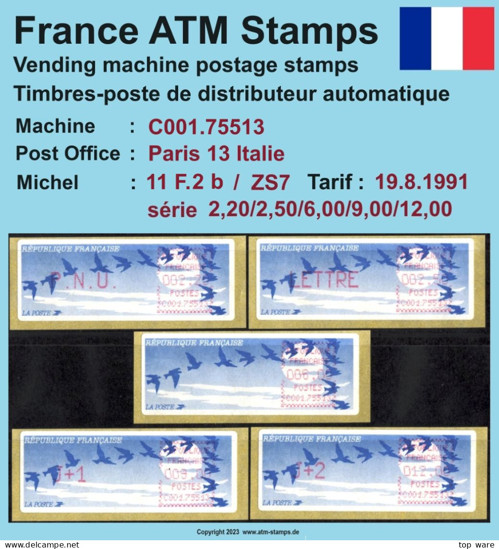 Frankreich France ATM Stamps LSA C001.75513 Paris 13 / Michel 11 F.2 B / Serie ZS7 ** / Distributeurs Automatenmarken - 1990 Type « Oiseaux De Jubert »